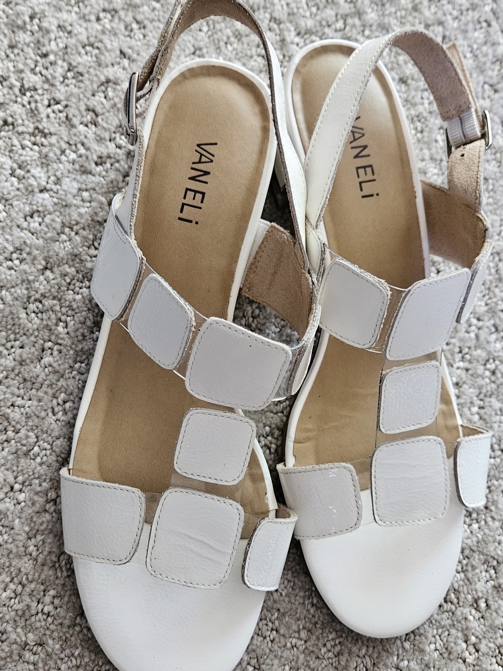 Vaneli White Leather Square-Patch Slingback Sandals